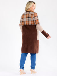 PLUS SIZE LONG SLEEVE OPEN FRONT POCKETS COLORBLOCK PLAID CARDIGAN