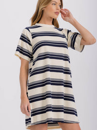 WOMEN'S SHORT SLEEVE COLORBLOCK STRIPES LOOSE FIT MINI DRESS