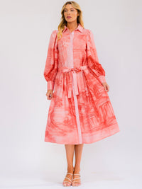 WOMEN'S LONG SLEEVE SELF TIE BUTTON UP MULTI PRINT TIE DYE MIDI DRESS