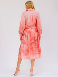 WOMEN'S LONG SLEEVE SELF TIE BUTTON UP MULTI PRINT TIE DYE MIDI DRESS