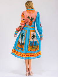 WOMEN'S LONG SLEEVE SELF TIE BUTTON UP MULTI PRINT MIDI DRESS