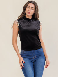 WOMEN'S SLEEVELESS MOCK NECK RHINESTONES TRIM DETAILED VELVET BLOUSE