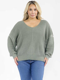 PLUS SIZE LONG SLEEVE V-NECK PULLOVER KNIT SWEATER
