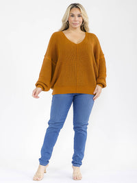 PLUS SIZE LONG SLEEVE V-NECK PULLOVER KNIT SWEATER