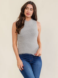 WOMEN'S SLEEVELESS MOCK NECK FUZZY RIBBED TOP