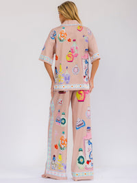 WOMEN'S SHORT SLEEVE BLOUSE & ELASTIC WAIST WIDE LEG PANTS MULTI PRINT 2PC. SET