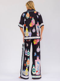 WOMEN'S SHORT SLEEVE BLOUSE & ELASTIC WAIST WIDE LEG PANTS MULTI PRINT 2PC. SET