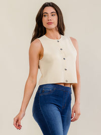 WOMEN'S SLEEVELESS BUTTON UP RIBBED BLOUSE