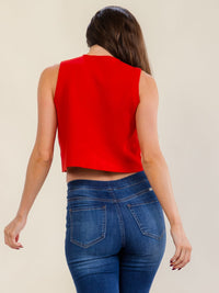 WOMEN'S SLEEVELESS BUTTON UP RIBBED BLOUSE