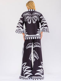 WOMEN'S 3/4 SLEEVE BUTTON UP TOP & ELASTIC WAIST WIDE LEG PANTS MULTI PRINT 2PC. SET