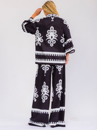 WOMEN'S 3/4 SLEEVE BUTTON UP TOP & ELASTIC WAIST WIDE LEG PANTS MULTI PRINT 2PC. SET