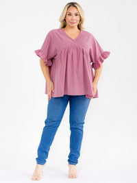 PLUS SIZE SHORT SLEEVE SURPLICE TUNIC LINEN BLOUSE