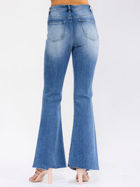 WOMEN'S BUTTON CLOSURE POCKETS BELL LEG WASHED STRETCH DENIM PANTS