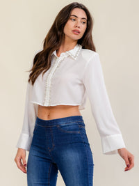 WOMEN'S LONG SLEEVE BUTTON UP RHINESTONES TRIM DETAILED CROP BLOUSE