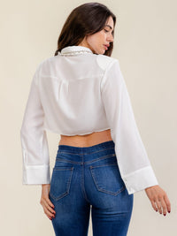 WOMEN'S LONG SLEEVE BUTTON UP RHINESTONES TRIM DETAILED CROP BLOUSE