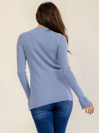 WOMEN'S LONG BELL SLEEVE V-NECK FRONT POCKETS BUTTON UP RIBBED BLOUSE