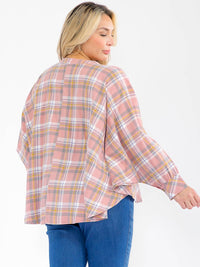 PLUS SIZE LONG SLEEVE BUTTON UP LOOSE FIT PLAID TOP