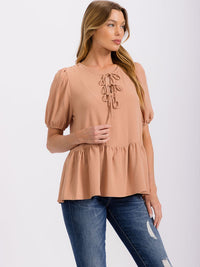 WOMEN'S SHORT PUFF SLEEVE LACE UP PEPLUM BLOUSE