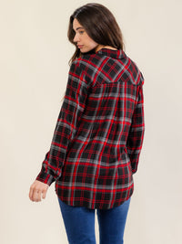 WOMEN'S LONG SLEEVE V-NECK BUTTON CLOSURE FRONT POCKET PLAID SHIRT