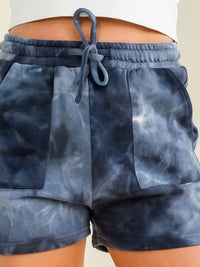 WOMEN'S ELASTIC WAIST SELF TIE POCKETS TIE DYE MINI SHORTS