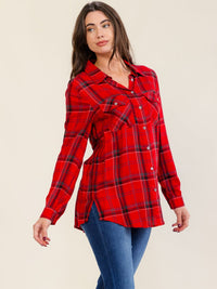 WOMEN'S LONG SLEEVE V-NECK BUTTON CLOSURE FRONT POCKET PLAID SHIRT