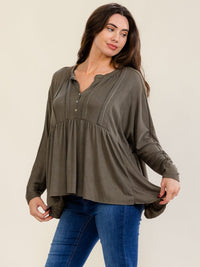WOMEN'S LONG SLEEVE V-NECK BUTTON CLOSURE TUNIC TOP