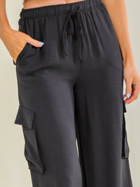 ENTRO WOMEN'S ELASTIC WAIST SELF TIE CARGO POCKETS WIDE LEG PANTS