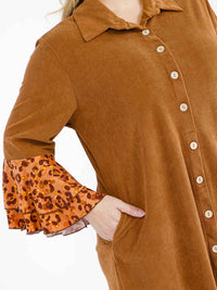 PLUS SIZE LONG BELL SLEEVE BUTTON UP FRONT POCKETS ANIMAL PRINT CONTRAST MAXI DRESS