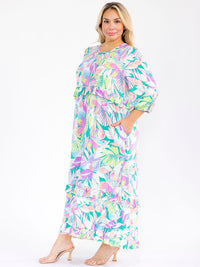 PLUS SIZE 3/4 SLEEVE FRONT POCKETS FLORAL PRINT MAXI DRESS
