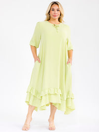PLUS SIZE 3/4 SLEEVE RUFFLE BOTTOM HEM FRONT POCKETS LOOSE FIT MAXI DRESS