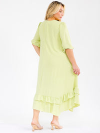 PLUS SIZE 3/4 SLEEVE RUFFLE BOTTOM HEM FRONT POCKETS LOOSE FIT MAXI DRESS