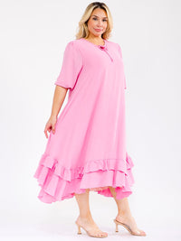 PLUS SIZE 3/4 SLEEVE RUFFLE BOTTOM HEM FRONT POCKETS LOOSE FIT MAXI DRESS
