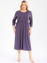 PLUS SIZE 3/4 SLEEVE FRONT POCKETS ADJUSTABLE WAIST RIBBED MAXI DRESS