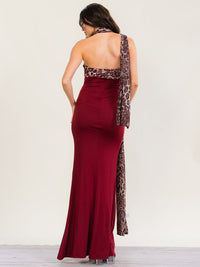 HALFHEART WOMEN'S SLEEVELESS ANIMAL PRINT WITH SCARF CONTRAST BODYCON MAXI DRESS