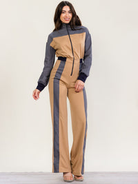 HALFHEART WOMEN'S LONG SLEEVE MOCK NECK ZIP UP COLORBLOCK WIDE LEG JUMPSUIT
