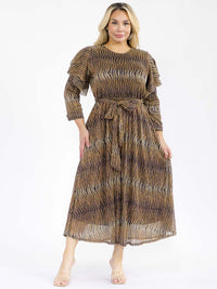 PLUS SIZE 3/4 RUFFLE SLEEVE SELF TIE SEQUINS ANIMAL PRINT MAXI DRESS