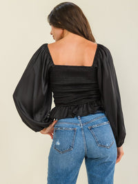 WOMEN'S LONG SLEEVE V-NECK SMOCK BLOUSE