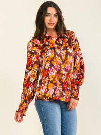ENTRO WOMEN'S LONG SLEEVE BUTTON UP FLORAL PRINT BLOUSE