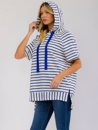 WOMEN'S SHORT SLEEVE COLORBLOCK STRIPES HOODED HIGH-LOW TOP