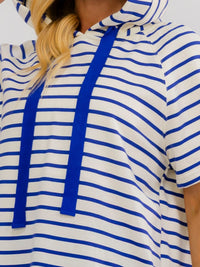 WOMEN'S SHORT SLEEVE COLORBLOCK STRIPES HOODED HIGH-LOW TOP