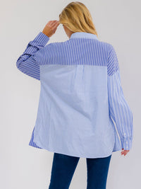 WOMEN'S LONG SLEEVE BUTTON UP FRONT POCKET HIGH-LOW STRIPES SHIRT