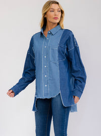 WOMEN'S LONG SLEEVE BUTTON UP FRONT POCKET HIGH-LOW DENIM SHIRT
