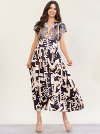 HALFHEART WOMEN'S SHORT SLEEVE BUTTON UP V-NECK SMOCK WAIST MULTI PRINT MAXI DRESS