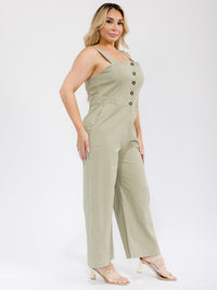 PLUS SIZE SLEEVELESS SQUARE-NECK POCKETS BUTTON UP WIDE LEG STRETCH DENIM JUMPSUIT