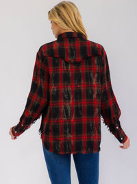 WOMEN'S LONG SLEEVE FRONT POCKETS RAW EDGE WASHED PLAID SHIRT