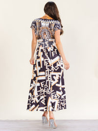 HALFHEART WOMEN'S SHORT SLEEVE BUTTON UP V-NECK SMOCK WAIST MULTI PRINT MAXI DRESS