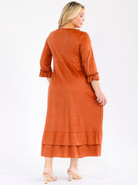PLUS SIZE 3/4 SLEEVE FRONT POCKETS RUFFLE BOTTOM HEM LOOSE FIT MAXI DRESS