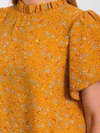 WOMEN'S SHORT PUFF SLEEVE MOCK NECK FLORAL BLOUSE