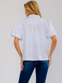 WOMEN'S SHORT BUBBLE SLEEVE BUTTON UP STRIPES BLOUSE