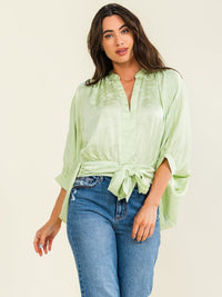 WOMEN'S SHORT SLEEVE V-NECK HIGH-LOW SELF TIE SATIN BLOUSE